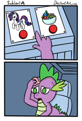 Size: 1500x2200 | Tagged: safe, artist:subleni, rarity, spike, dragon, pony, unicorn, g4, bowl, button, chair, choice, comic, dilemma, gem, indecision, male, meme, sweat