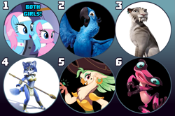 Size: 1581x1050 | Tagged: safe, artist:sunny way, aloe, captain celaeno, lotus blossom, big cat, bird, dog, earth pony, fox, frog, macaw, parrot, pony, saber-toothed cat, saber-toothed tiger, spix's macaw, tree frog, anthro, digitigrade anthro, g4, my little pony: the movie, advertisement, crossover, exclusive, female, gabi (rio), ice age, ice age 4: continental drift, krystal, male, patreon, patreon exclusive, patreon voting, pirate, rio, rio 2, shira, star fox, tyler blu gunderson, voting