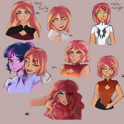 Size: 1080x1080 | Tagged: safe, artist:rapunzelights, sci-twi, sunset shimmer, twilight sparkle, equestria girls, g4, adora, alternate hairstyle, bust, catra, catradora, clothes, female, glowing eyes, grin, lesbian, long hair, she-ra and the princesses of power, ship:sci-twishimmer, ship:sunsetsparkle, shipping, short hair, signature, simple background, smiling