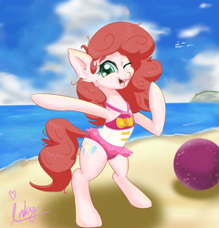 Size: 1280x1335 | Tagged: safe, artist:inkypuso, pinkie pie, earth pony, pony, g4, ball, beach, beach ball, bipedal, clothes, cloud, cute, diapinkes, equestria girls outfit, female, mare, ocean, one eye closed, one-piece swimsuit, open mouth, open smile, pink swimsuit, signature, sky, smiling, solo, swimsuit, wink
