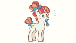 Size: 380x214 | Tagged: safe, artist:fizpup, rainbow stars, pony, unicorn, g4, blush sticker, blushing, bow, cream background, female, hair bow, mare, mouth hold, no pupils, simple background, solo, tail bow