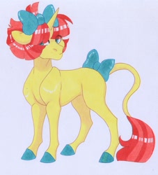 Size: 2762x3036 | Tagged: safe, artist:frozensoulpony, oc, oc only, oc:dawn constellation, pony, unicorn, bow, female, hair bow, high res, magical lesbian spawn, mare, offspring, parent:sunset shimmer, parent:twilight sparkle, parents:sunsetsparkle, solo, tail bow, traditional art