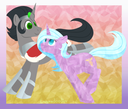 Size: 1050x900 | Tagged: safe, artist:enigmadoodles, idw, king sombra, radiant hope, crystal pony, pony, unicorn, g4, siege of the crystal empire, cape, clothes, crown, crystallized, female, jewelry, looking at each other, male, mare, reformed sombra, regalia, stallion