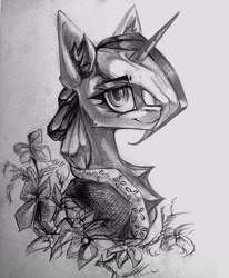 Size: 1777x2160 | Tagged: safe, artist:tlen borowski, oc, oc only, oc:river swirl, pony, unicorn, bust, cape, chest fluff, clothes, ear fluff, flower, monochrome, simple background, solo, traditional art