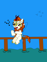 Size: 3120x4160 | Tagged: safe, artist:juanluuis8, autumn blaze, bird, kirin, g4, fishing, ocean, pier, singing, sky, whistling