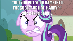 Size: 1280x720 | Tagged: safe, edit, edited screencap, screencap, starlight glimmer, pony, unicorn, g4, the parent map, angry, angry face, ears back, face, female, gritted teeth, harry potter (series), house, mare, rage, ragelight glimmer, shitposting, shrunken pupils, sire's hollow, solo, starlight glimmer is not amused, text edit, tree, unamused, window