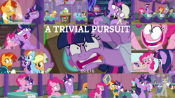 Size: 1978x1113 | Tagged: safe, edit, edited screencap, editor:quoterific, screencap, applejack, bulk biceps, cheerilee, cranky doodle donkey, cup cake, doctor whooves, granny smith, lily, lily valley, matilda, maud pie, mudbriar, pinkie pie, rainbow dash, spike, sunburst, time turner, twilight sparkle, alicorn, dragon, earth pony, pegasus, pony, unicorn, a trivial pursuit, g4, season 9, angry, applejack's hat, bag, bell, bipedal, book, cowboy hat, eyes closed, female, floppy ears, flying, force field, glowing horn, hat, horn, hug, magic, magic aura, messy mane, nightcap, open mouth, saddle bag, shocked, this is trivia trot, twilight snapple, twilight sparkle (alicorn), winged spike, wings
