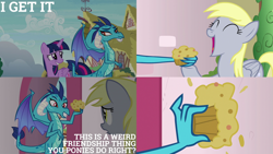 Size: 1986x1117 | Tagged: safe, edit, edited screencap, editor:quoterific, screencap, derpy hooves, princess ember, twilight sparkle, alicorn, dragon, pegasus, pony, g4, triple threat, dragoness, duo, duo female, eyes closed, female, food, muffin, open mouth, twilight sparkle (alicorn)