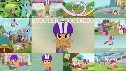 Size: 1978x1113 | Tagged: safe, edit, edited screencap, editor:quoterific, screencap, apple bloom, berry punch, berryshine, cheerilee, cloud kicker, daisy, derpy hooves, flower wishes, lemon hearts, lightning bolt, linky, minuette, prince rutherford, roseluck, sassaflash, scootaloo, sea swirl, seafoam, shoeshine, spike, star bright, sweetie belle, twinkleshine, white lightning, dragon, pegasus, pony, unicorn, yak, equestria games (episode), flight to the finish, g4, growing up is hard to do, newbie dash, on your marks, parental glideance, party pooped, secret of my excess, sleepless in ponyville, surf and/or turf, the cutie mark chronicles, the cutie pox, the show stoppers, bipedal, cutie mark crusaders, eyes closed, female, filly, helmet, high five, loop-de-loop, older, older scootaloo, open mouth, scooter, teeth, waving