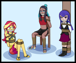 Size: 2813x2332 | Tagged: safe, artist:jubster05, sunset shimmer, human, equestria girls, g4, angry, arm behind back, bondage, bound and gagged, cloth gag, clothes, crossover, dc superhero girls, female, gag, help us, high res, nessa, pokémon, pole tied, rope, rope bondage, sandals, sarong, swimsuit, tied to chair, tied up, trio, trio female, zatanna