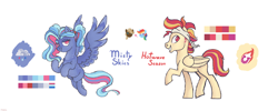 Size: 4000x1600 | Tagged: safe, artist:pidffee, oc, oc:hotwave season, oc:misty skies, pegasus, pony, bandana, cloud, coat markings, colored wings, cutie mark, dumbdash, female, full body, male, mare, multicolored mane, multicolored wings, next generation, offspring, parent:dumbbell, parent:rainbow dash, parents:dumbdash, pegasus oc, ponytail, reference sheet, shipping, siblings, simple background, spots, stallion, straight, white background, wings