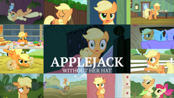 Size: 1978x1113 | Tagged: safe, edit, edited screencap, editor:quoterific, screencap, apple bloom, applejack, rainbow dash, twilight sparkle, earth pony, pegasus, pony, unicorn, a bird in the hoof, apple family reunion, applebuck season, bloom & gloom, family appreciation day, friendship is magic, g4, look before you sleep, made in manehattan, sisterhooves social, the cart before the ponies, the cutie pox, the last roundup, where the apple lies, apple, applejack's hat, bow, bucket, collage, cowboy hat, derp, female, filly, food, golden oaks library, hat, hatless, messy mane, missing accessory, shocked, teenage applejack, teenager, unicorn twilight, walking