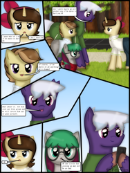 Size: 1750x2333 | Tagged: safe, artist:99999999000, oc, oc only, oc:firearm king, oc:li anna, oc:mar baolin, oc:zhang cathy, earth pony, pegasus, pony, unicorn, comic:new guy, cellphone, comic, female, male, phone, tree