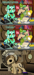 Size: 550x1204 | Tagged: safe, artist:omegacoder-mod, doctor whooves, lyra heartstrings, time turner, oc, oc:omega coder, pony, robot, robot pony, unicorn, g4, ask-omegacoder, lamp