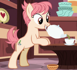 Size: 1036x943 | Tagged: safe, screencap, raspberry vinaigrette, earth pony, pony, discordant harmony, g4, bipedal, bipedal leaning, cup, female, leaning, mare, mouth hold, solo, teacup, teapot