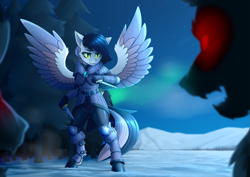 Size: 3377x2387 | Tagged: safe, artist:dipfanken, oc, oc only, pegasus, wolf, anthro, arctic, armor, bipedal, clothes, dagger, forest, high res, open mouth, red eyes, snow, tree, weapon
