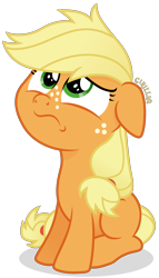 Size: 2249x3922 | Tagged: safe, alternate version, artist:cirillaq, applejack, earth pony, pony, g4, blank flank, female, filly, filly applejack, floppy ears, high res, sad, simple background, solo, transparent background, unhapplejack, vector, younger