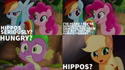 Size: 2000x1125 | Tagged: safe, edit, edited screencap, editor:quoterific, screencap, applejack, pinkie pie, rainbow dash, spike, dragon, earth pony, pegasus, pony, g4, my little pony: the movie, applejack's hat, cowboy hat, female, flying, hat, hungry hungry hippos, male, open mouth, product placement, sharp teeth, teeth