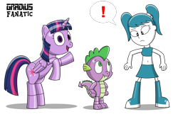 Size: 2067x1391 | Tagged: safe, artist:gradiusfanatic, spike, twilight sparkle, alicorn, dragon, gynoid, human, pony, robot, robot pony, g4, crossover, female, humanized, jenny wakeman, my life as a teenage robot, robot dragon, roboticization, role reversal, species swap, spikebot, trio, twibot, twilight sparkle (alicorn)