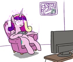 Size: 1021x870 | Tagged: safe, artist:jargon scott, part of a set, princess cadance, alicorn, pony, g4, armchair, chair, cute, cutedance, excited, female, glowing eyes, heart eyes, levitation, magic, mare, princess of love, sitting, solo, telekinesis, television, wingding eyes