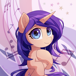 Size: 3000x3000 | Tagged: safe, artist:emeraldgalaxy, oc, oc only, oc:melody verve, pony, unicorn, commission, digital art, female, half body, high res, mare, music notes, simple background, smiling