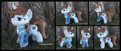 Size: 4133x1754 | Tagged: safe, artist:peruserofpieces, oc, oc only, oc:littlepip, pony, unicorn, fallout equestria, clothes, determined, female, horn, irl, mare, photo, pipbuck, plushie, shirt, smiling, solo, standing, tree, undershirt