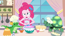 Size: 1366x768 | Tagged: safe, screencap, gummy, pinkie pie, tank, alligator, reptile, tortoise, equestria girls, equestria girls series, g4, the craft of cookies, spoiler:eqg series (season 2), apron, chef's hat, clothes, female, geode of sugar bombs, hat, kitchen, looking at you, magical geodes, male, open mouth, plushie, sink, tank top, tummy ache, window