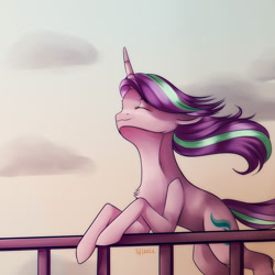 Size: 2000x2000 | Tagged: safe, artist:brilliant-luna, starlight glimmer, pony, unicorn, g4, cloud, cute, eyes closed, female, fence, glimmerbetes, high res, mare, smiling, solo, sunset, windswept mane