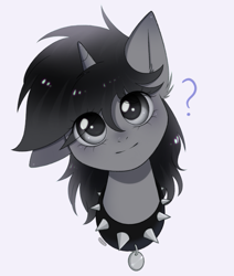 Size: 1295x1530 | Tagged: safe, artist:vaiola, oc, oc only, oc:howl, pony, unicorn, behaving like a dog, big eyes, bust, collar, commission, cute, eye clipping through hair, eyelashes, female, head only, head tilt, horn, looking at you, mare, one ear down, pet play, pet tag, portrait, simple background, smiling, solo, watermark, ych result