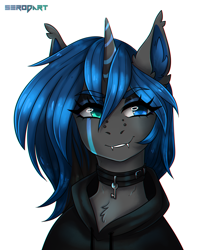 Size: 1500x1800 | Tagged: safe, artist:serodart, oc, oc only, oc:nightfall, pony, unicorn, bust, clothes, collar, commission, ear fluff, fangs, female, heterochromia, hoodie, horn, portrait, simple background, solo, white background