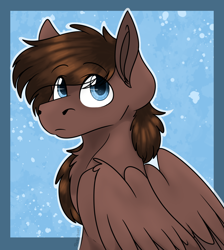 Size: 1176x1314 | Tagged: safe, artist:rokosmith26, oc, oc only, oc:hell berry, pegasus, pony, blue background, blue eyes, chest fluff, long hair, long mane, looking up, male, simple background, solo, stallion, wings