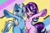 Size: 4096x2710 | Tagged: safe, alternate version, artist:canvymamamoo, starlight glimmer, trixie, unicorn, semi-anthro, g4, abstract background, arm hooves, belly button, bipedal, breasts, chest fluff, duo, duo female, ear fluff, female, frog (hoof), grin, looking at you, mare, open mouth, raised hoof, smiling, text, underhoof