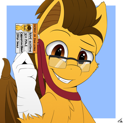 Size: 2000x2000 | Tagged: safe, artist:h3nger, oc, oc only, oc:keystroke, bat pony, hybrid, pony, bat pony oc, bat wings, cheek fluff, chest fluff, fangs, folded wings, glasses, grin, high res, horny on main, id card, looking at you, male, signature, smiling, solo, wings