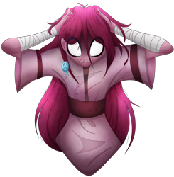 Size: 2617x2665 | Tagged: safe, artist:mywasasi, pinkie pie, equestria girls, g4, :c, balloon, bandage, creepy, ear piercing, earring, frown, hands on head, high res, jewelry, loose hair, no mouth, piercing, pinkamena diane pie, shrunken pupils, simple background, solo, transparent background