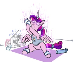 Size: 1070x898 | Tagged: safe, artist:jargon scott, part of a set, princess cadance, alicorn, pony, g4, boombox, clothes, exercise, female, glowing eyes, mare, ponytail, princess of love, simple background, sitting, solo, stretching, sweatband, tank top, white background