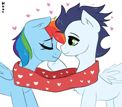 Size: 1951x1707 | Tagged: safe, artist:moon_emili, rainbow dash, soarin', g4, clothes, female, heart, hearts and hooves day, male, scarf, shared clothing, shared scarf, ship:soarindash, shipping, straight