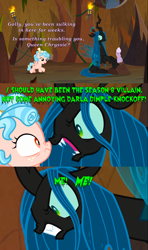 Size: 2000x3373 | Tagged: safe, edit, edited screencap, screencap, cozy glow, mean twilight sparkle, queen chrysalis, changeling, pegasus, pony, frenemies (episode), g4, angry, boop, bow, caption, cats don't dance, comic, duo, evil lair, fangs, female, filly, former queen chrysalis, freckles, golly, gritted teeth, grogar's lair, high res, image macro, lair, log, movie reference, nose wrinkle, noseboop, open mouth, screencap comic, smiling, surprised, text, torch, twilog, wide eyes, wood, yelling