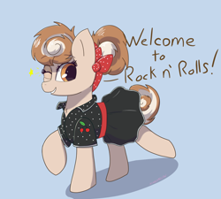 Size: 2408x2172 | Tagged: safe, artist:marshmallowfluff, oc, oc only, oc:cinnamon spangled, earth pony, pony, clothes, high res, looking at you, one eye closed, text, wink