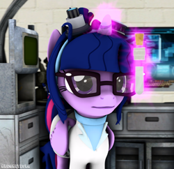 Size: 2160x2095 | Tagged: safe, alternate version, artist:arcanetesla, sci-twi, twilight sparkle, alicorn, pony, g4, 3d, clothes, glasses, high res, lab coat, laboratory, solo, source filmmaker, twilight sparkle (alicorn)