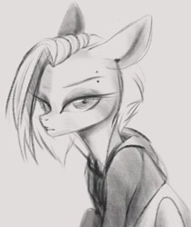 Size: 1000x1186 | Tagged: safe, artist:_quantumness_, oc, oc only, earth pony, pony, bust, clothes, earth pony oc, eyelashes, grayscale, hoodie, monochrome, solo, traditional art