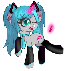 Size: 2400x2600 | Tagged: safe, artist:windykirin, pony, unicorn, cute, female, hatsune miku, high res, hilarious in hindsight, levitation, long eyelashes, magic, mare, microphone, one eye closed, ponified, simple background, solo, telekinesis, transparent background, vocaloid, wink