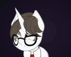 Size: 1341x1080 | Tagged: safe, artist:theotherpony, part of a set, raven, pony, unicorn, g4, animated, blushing, brown eyes, commission, cute, female, fourth wall, gif, glasses, hair bun, kissing, kissing the screen, looking at you, looking away, mare, necktie, perfect loop, secretary, smiling, smiling at you, solo, ych result
