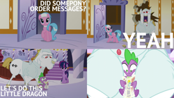 Size: 1986x1117 | Tagged: safe, edit, edited screencap, editor:quoterific, screencap, aloe, bulk biceps, spike, twilight sparkle, alicorn, bull, dragon, earth pony, pony, castle sweet castle, g4, alternate hairstyle, female, gritted teeth, kool-aid man, male, open mouth, punklight sparkle, surprised, teeth, twilight sparkle (alicorn), yeah!!!!!!!!