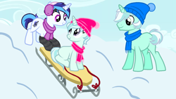 Size: 1280x720 | Tagged: safe, artist:idkhesoff, oc, oc only, oc:melodic dreams, oc:riski alpine, oc:slippery slope (ice1517), earth pony, pony, unicorn, icey-verse, beanie, blank flank, brother and sister, clothes, commission, earmuffs, female, hat, magical lesbian spawn, male, mare, multicolored hair, offspring, parent:double diamond, parent:lyra heartstrings, parent:octavia melody, parent:vinyl scratch, parents:lymond, parents:scratchtavia, scarf, siblings, sled, snow, socks, stallion, striped socks, trio, twins, ych result
