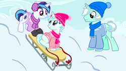 Size: 1280x720 | Tagged: safe, alternate version, artist:idkhesoff, oc, oc only, oc:melodic dreams, oc:riski alpine, oc:slippery slope (ice1517), earth pony, pony, unicorn, icey-verse, beanie, blank flank, brother and sister, clothes, coat, commission, earmuffs, female, hat, magical lesbian spawn, male, mare, multicolored hair, offspring, parent:double diamond, parent:lyra heartstrings, parent:octavia melody, parent:vinyl scratch, parents:lymond, parents:scratchtavia, scarf, siblings, sled, snow, socks, stallion, striped socks, trio, twins, ych result