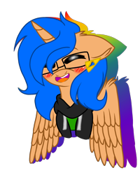 Size: 1920x2400 | Tagged: safe, artist:juliet-gwolf18, oc, oc only, oc:sketchy, alicorn, pony, alicorn oc, blushing, bust, clothes, ear fluff, ear piercing, eyes closed, female, floppy ears, glasses, hoodie, horn, mare, piercing, simple background, solo, transparent background, triforce, wings