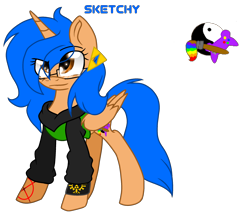 Size: 2412x2073 | Tagged: safe, artist:juliet-gwolf18, oc, oc only, oc:sketchy, alicorn, pony, alicorn oc, clothes, ear piercing, eyelashes, female, glasses, high res, hoodie, horn, mare, paintbrush, piercing, reference sheet, simple background, solo, tattoo, transparent background, triforce, wings, yin-yang