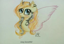 Size: 1024x696 | Tagged: safe, artist:maryhoovesfield, oc, oc only, pegasus, pony, bust, chest fluff, ear fluff, ear piercing, earring, eyelashes, jewelry, pegasus oc, piercing, signature, smiling, solo, traditional art, wings