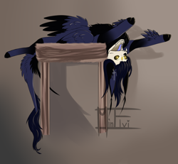 Size: 2188x2020 | Tagged: safe, artist:minelvi, oc, oc only, sphinx, female, high res, lying down, on back, open mouth, ponified animal photo, signature, skull, solo, sphinx oc, wings