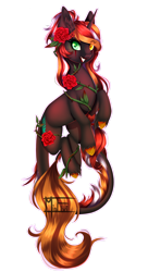 Size: 2310x4237 | Tagged: safe, artist:minelvi, oc, oc only, oc:thorn rose, pony, unicorn, commission, flower, flower in hair, grin, horn, leonine tail, rose, signature, simple background, smiling, solo, transparent background, unicorn oc, ych result